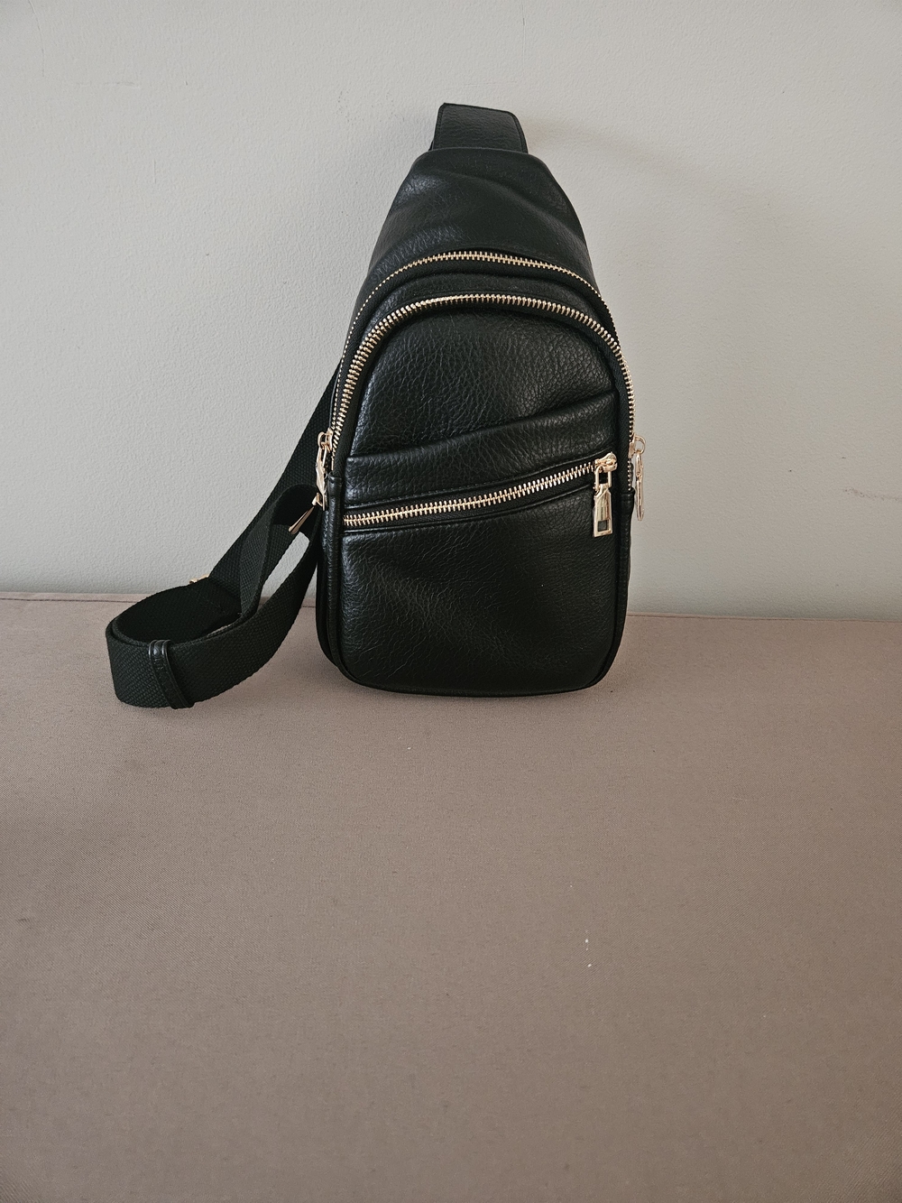 Black Leather Crossbody Sling Bag - Unbranded
